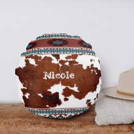 Almofada Redonda Boho Rustic Western Cowhide Name