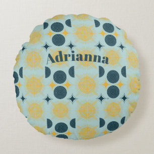Almofada Redonda Boho Sun Moon Stars Baby Blue Yellow Personalizado