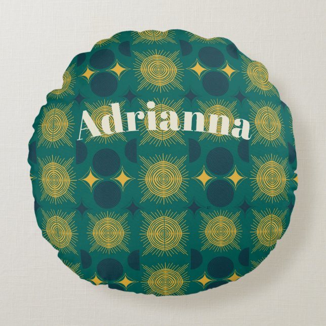Almofada Redonda Boho Sun Moon Stars Baby Teal Yellow Personalizado (Frente)