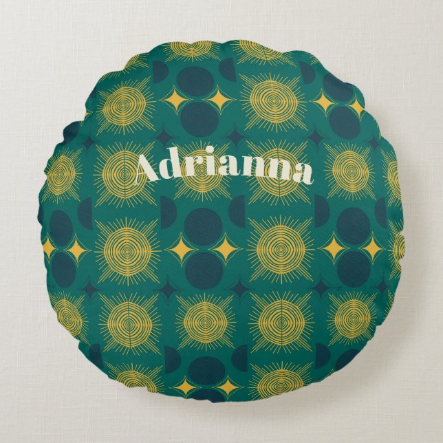 Almofada Redonda Boho Sun Moon Stars Baby Teal Yellow Personalizado (Frente)