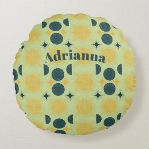 Almofada Redonda Boho Sun Moon Stars Mint Blue Yellow Personalizado