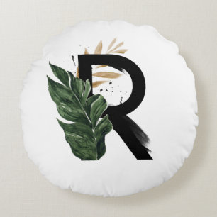 Almofada Redonda Boho Tropical Greenerescência - Letra R Monograma