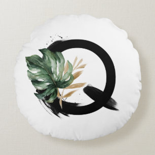 Almofada Redonda Boho Tropical Monstera Leaf Leaf Leaf Q Monograma