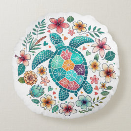 Almofada Redonda Boho Turquesa Floral Tartaruga Marinha - Costeira