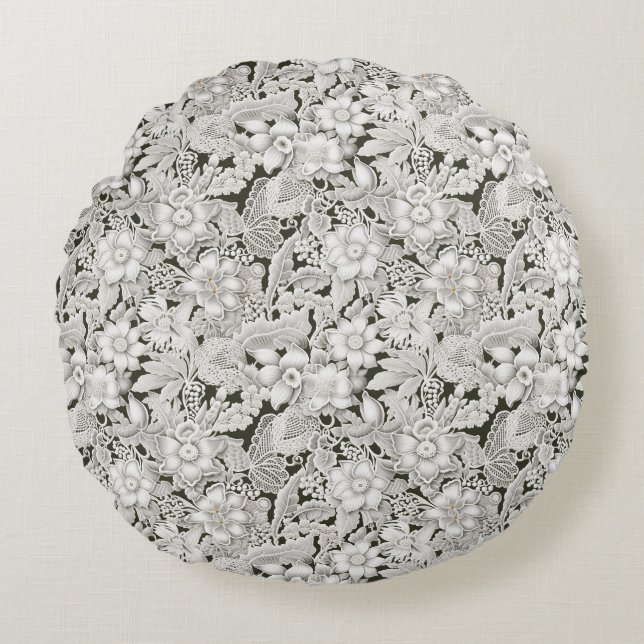 Almofada Redonda Boho Vintage Floral Lace (Frente)