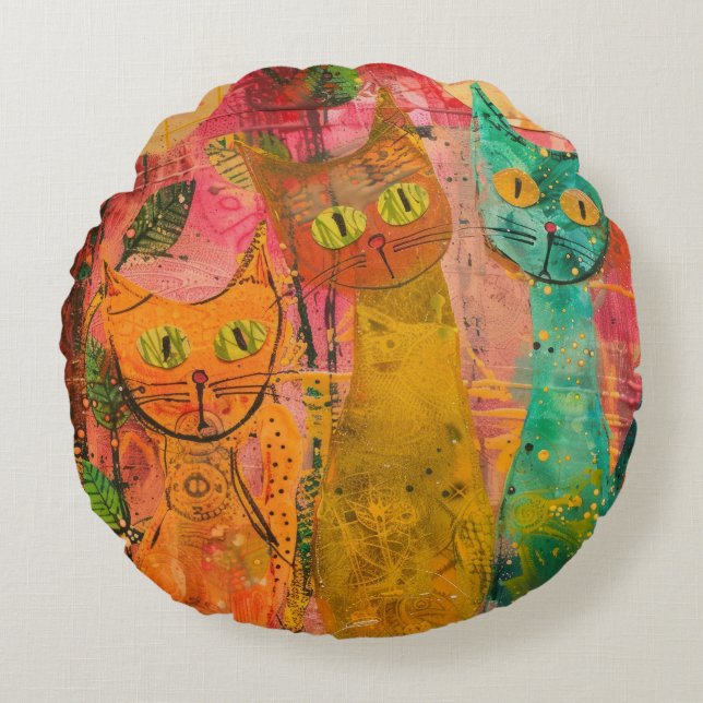 Almofada Redonda Boho Watercolor Cats - Terna Feline Art (2) (Frente)