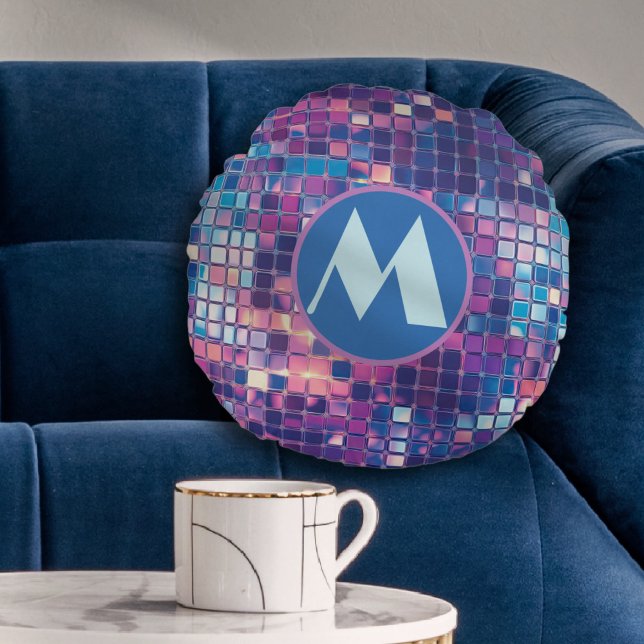 Almofada Redonda Bola de Disco Azul e Roxo do Groovy Personalizada (groovy blue and purple disco ball personalized monogram round pillow)