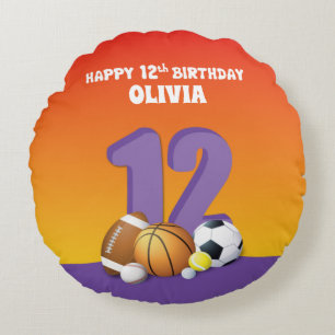 Almofada Redonda Bolas de Esportes de Aniversário para 12 de Menina