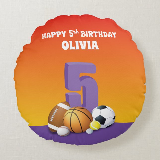 Almofada Redonda Bolas de Esportes de Aniversário para 5 de Menina  (Frente)