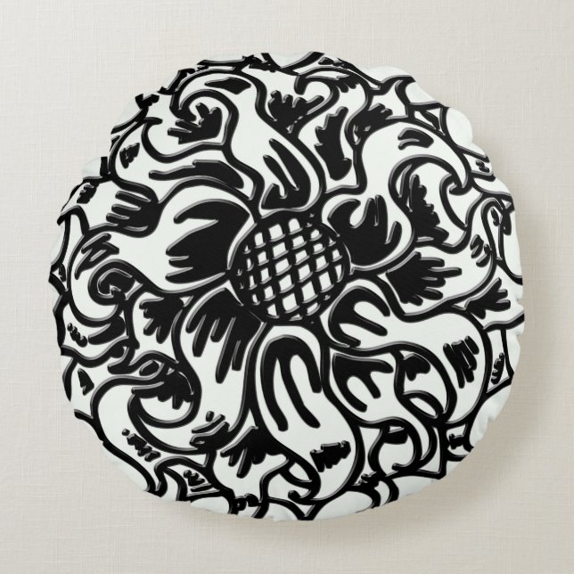 Almofada Redonda Bold Black and White Floral Art 16 x 16 (Frente)