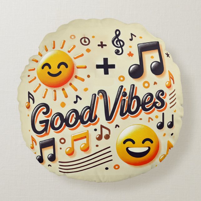 Almofada Redonda ☀️ + 🎶 = BOM Travesseiro decorativo VIBES (Frente)