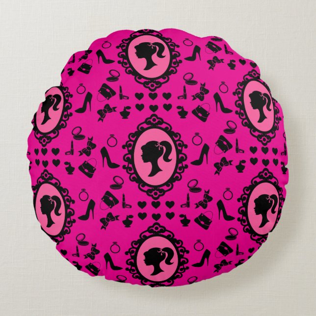 Almofada Redonda Boneca Brilhante Fashion Glam-Rosa-Rosa (Frente)