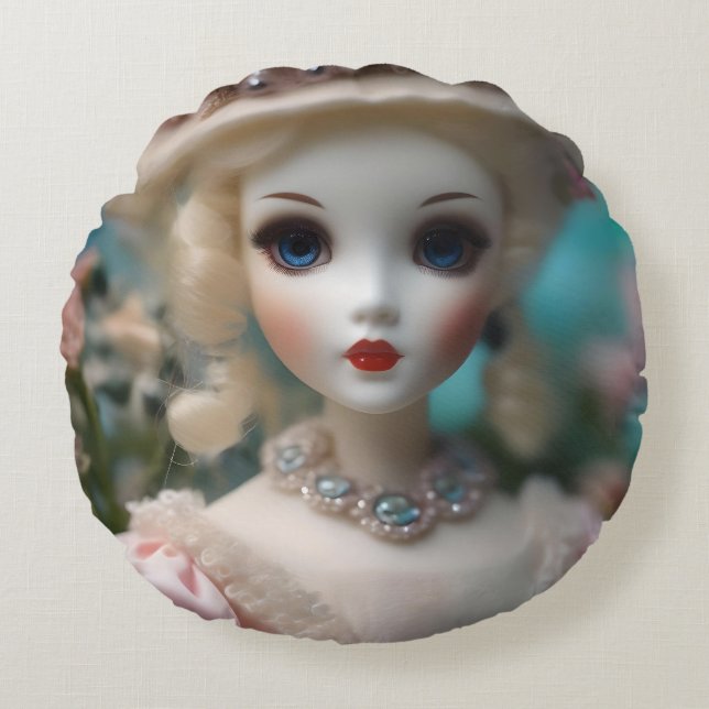 Almofada Redonda Boneca Vintage Azul, (Frente)