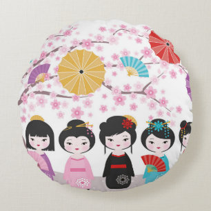 Almofada Redonda Bonecas Kokeshi Japonesas