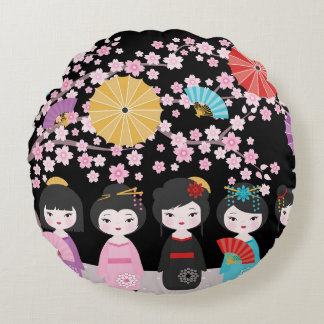Almofada Redonda Bonecas Kokeshi japonesas Black
