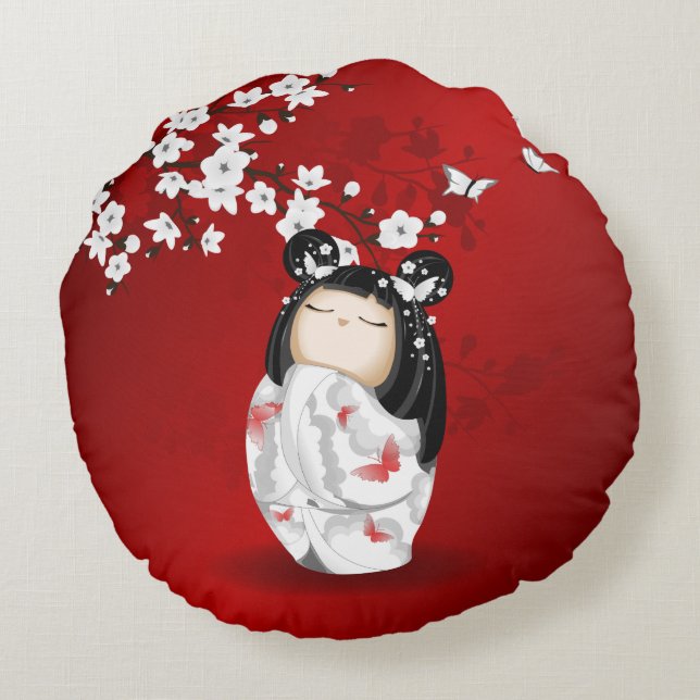 Almofada Redonda Bonecas Kokeshi Red Black White Cherry Blossoms (Verso)
