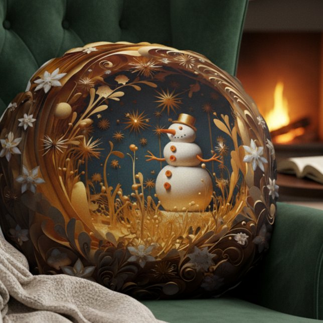 Almofada Redonda Boneco de Neve Festivo (teal gold winter wonderland snowman festive throw pillow Christmas gift, cozy home accent)