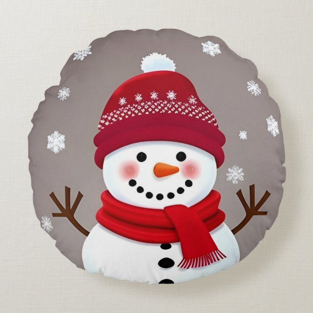 Almofada Redonda Boneco de Neve Fofo com Cachecol Vermelho (Frente)