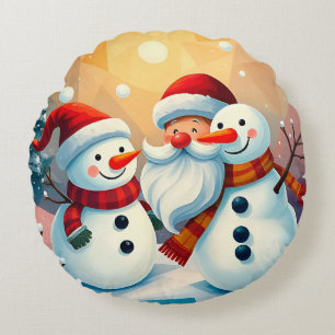 Almofada Redonda Bonecos de Neve Festivos e Papai Noel se Divertind