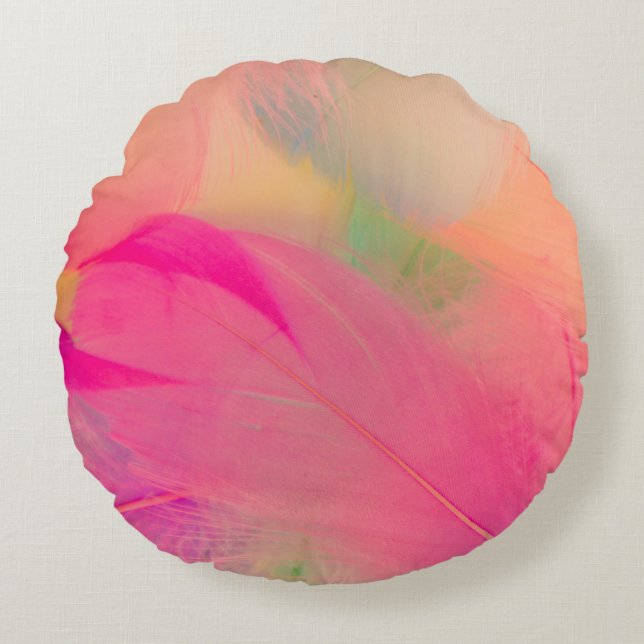 Almofada Redonda Bonita abstrato púrpura e penas azuis em que (Frente)