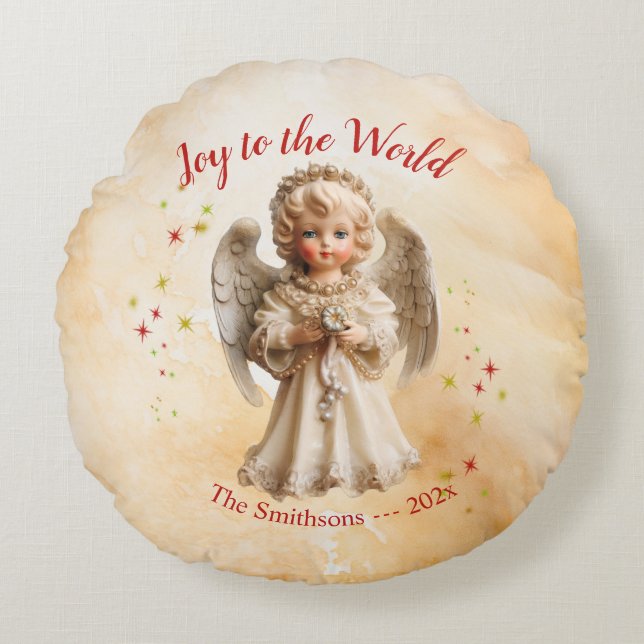 Almofada Redonda Bonita Vintage Angel Christmas (Frente)