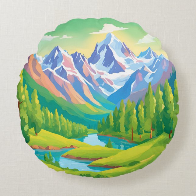 Almofada Redonda Bonitas Montanhas (Frente)