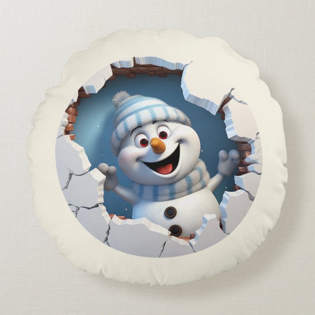 Almofada Redonda Bonito boneco de neve de Natal através da parede i (Frente)