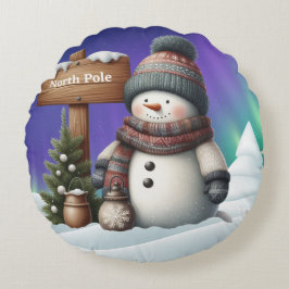 Almofada Redonda Bonito boneco de neve no Polo Norte com luzes de n