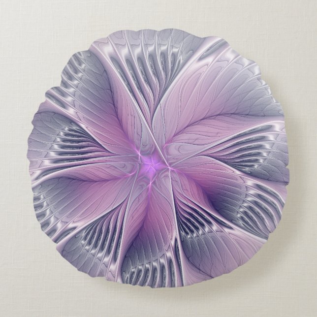 Almofada Redonda Bonito Flor Rosa Moderna Abstrato de Arte Fractal (Frente)
