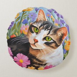 Almofada Redonda Bonito gato com flores