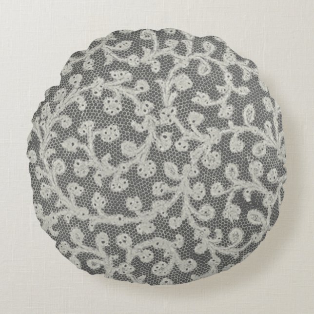 Almofada Redonda Bonito Linen White Lace Antique de Casamento  (Frente)