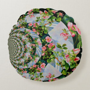 Almofada Redonda Bonito rosa-boho, rosas vermelhas, flor-aquarela