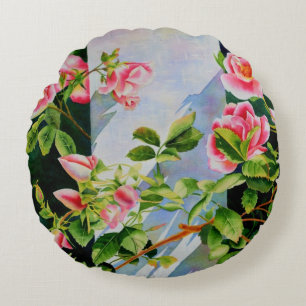 Almofada Redonda Bonito rosa, rosas vermelhas, flor aquarela