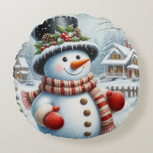 Almofada Redonda Bonito, Vintage/Natal Whimsical/boneco de neve de