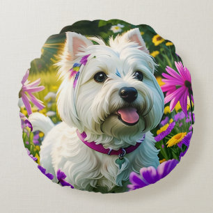 Almofada Redonda Bonito Westie Terrier Cachorro Dois