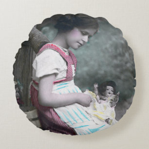 Almofada Redonda Bonne Année Vintage Girl com Dolll