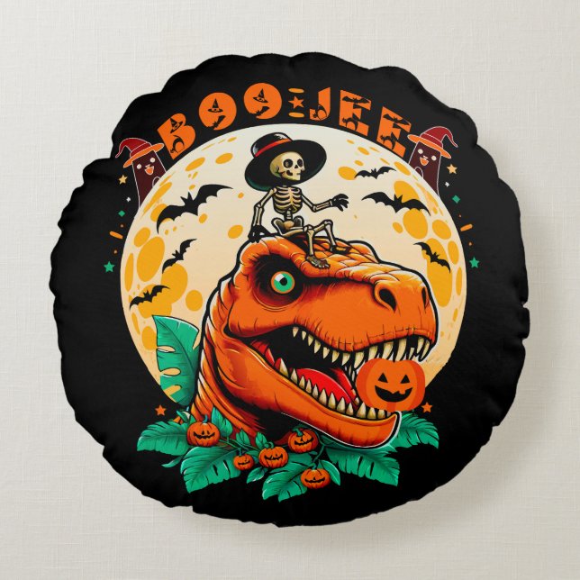 Almofada Redonda Boo-Jee Halloween: T-Rex e Skeleton Fun Design! (Frente)