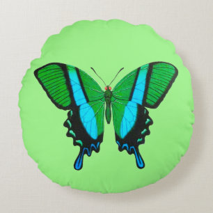 Almofada Redonda Borboleta de Swallowtail no verde, na turquesa &