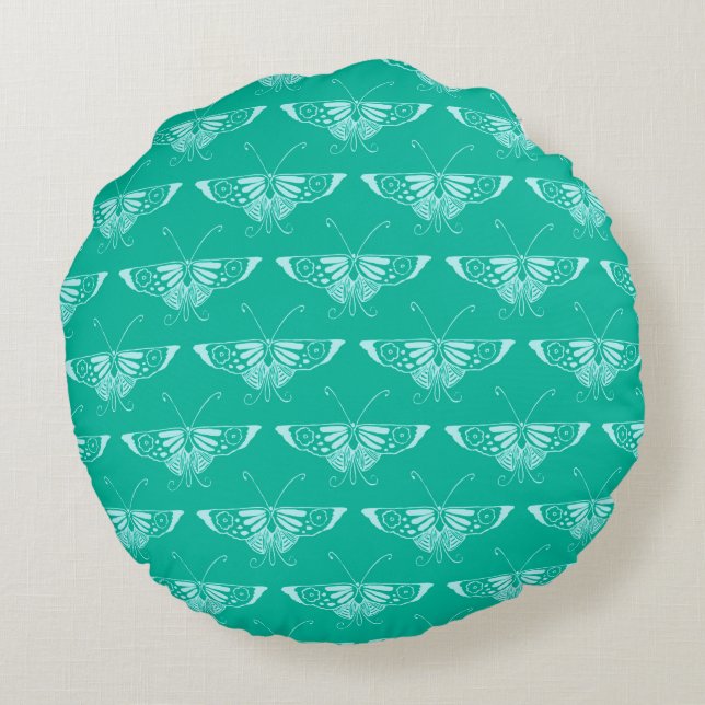 Almofada Redonda Borboleta Deco estilizada - turquesa e aqua (Verso)