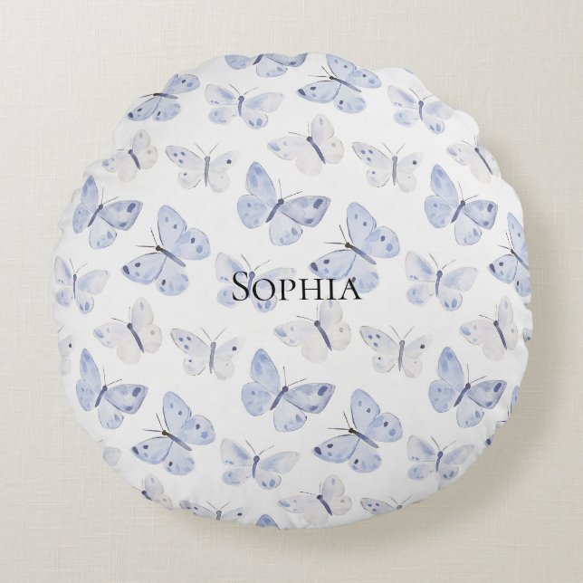 Almofada Redonda Borboletas brancas roxas bonito (Frente)
