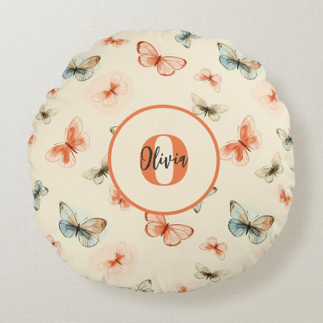Almofada Redonda Borboletas de Aquarela Moderna (Frente)