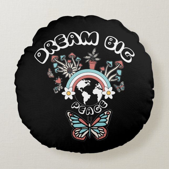 Almofada Redonda Borboletas e Cogumelos Sonham Grande inspo positiv (Frente)