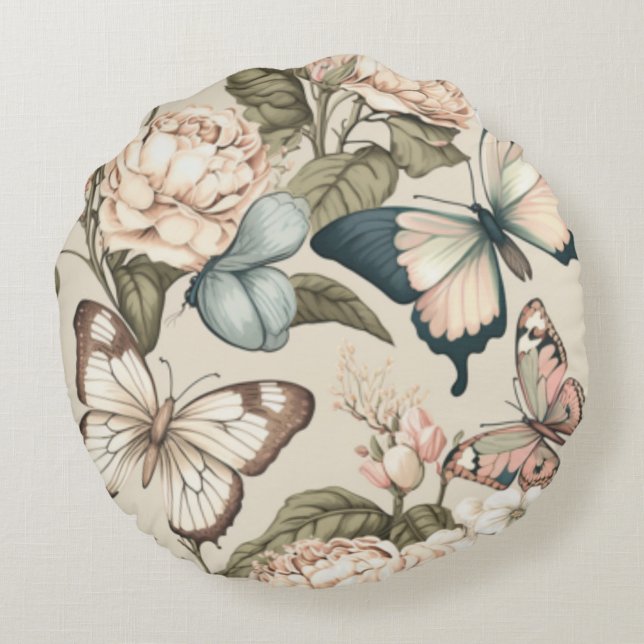 Almofada Redonda Borboletas e flores pastadas (Verso)