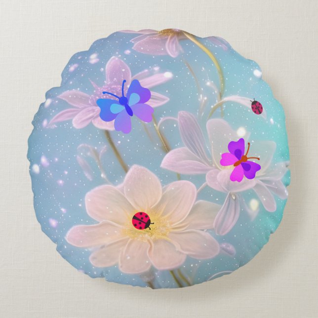 Almofada Redonda borboletas e preguiças (Frente)