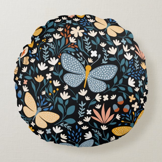Almofada Redonda Borboletas Florais: Mão Desenhada Sem Costura. (Frente)