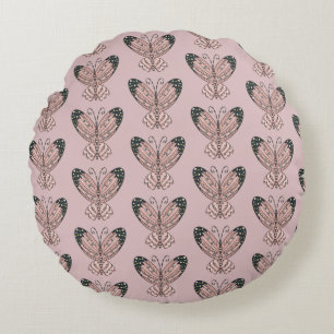 Almofada Redonda Borboletas Rosa Arte Boho Desenhada à Mão