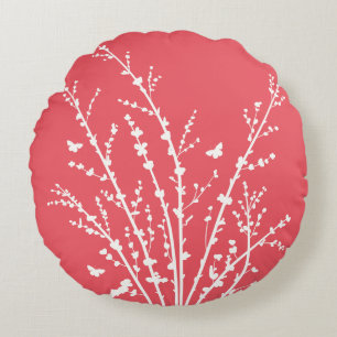 Almofada Redonda Borboletas rosa Carmine Branches Botânicas Moderna