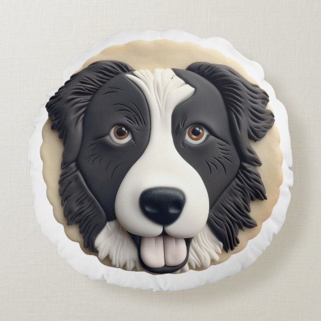 Almofada Redonda Borda Collie Dog 3D Inscrito (Frente)