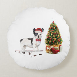 Almofada Redonda Borda Collie Engraçado Cachorro de Natal com Árvor