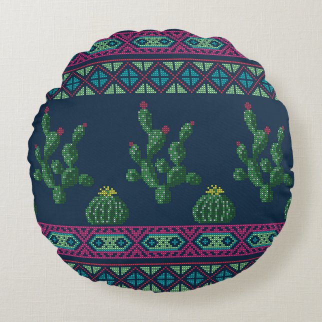 Almofada Redonda Bordado de flor ponto-cruz bordado com cruz (Frente)